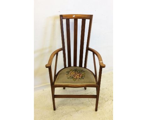 Late C19th Art Nouveau High Back Decorative Chair on square section supports with flat section front stretcher, D-shaped seat