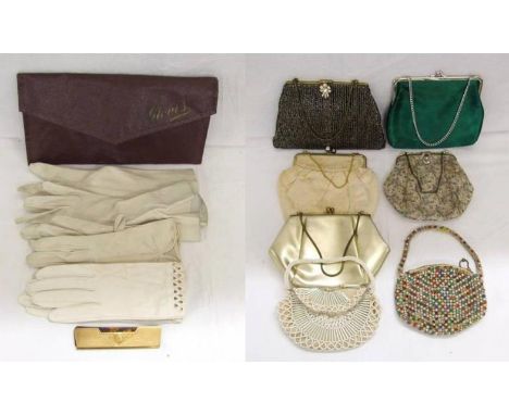 Ladies Vintage Evening Bags incl. RFC, glove bag with 3 pairs cream leather gloves & gilt metal comb holder 