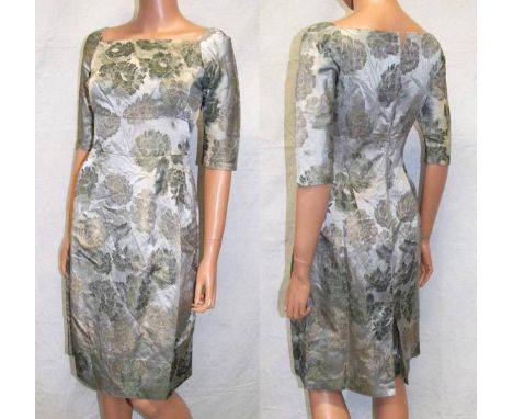 Ladies Vintage 1950s Dress, unlabelled, unlined green/grey brocade, approx. size 10 