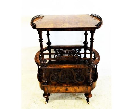 Mid C19th Burr Walnut Music Canterbury/What-Not on bow ended rectangular base with frieze drawer, 4 turned supports on brass 
