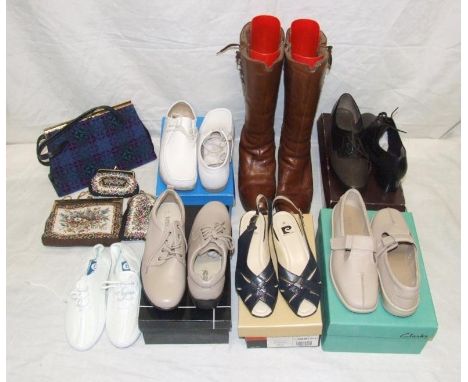 Ladies Shoes As New: Comfort Plus mushroom lace ups size 7, Vis A Vis white leather lace up size 7, Pierre Cardin navy blue s