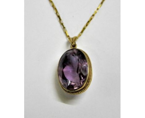 9ct. Gold Box Linked Chain approx. 60"L set Oval Amethyst Pendant 