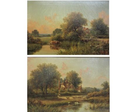 Pair Oil on Canvas Country Cottage with sheep, stream & trees & cows in a stream by a bridge signed R Jenson 1900 & 1902 appr