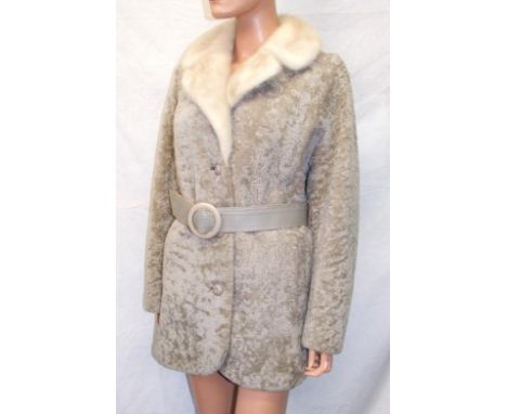 Ladies Light Beaver Lamb Jacket with fur collar & leather belt, labelled Vianne Furriers (Hove) Ltd., approx. size 14/16 