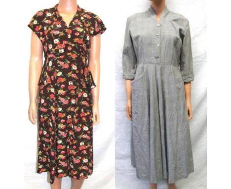 Vintage 1940s Grey Wool Dress labelled Bijou Original & Dark Brown Crepe Floral Dress (2) 
