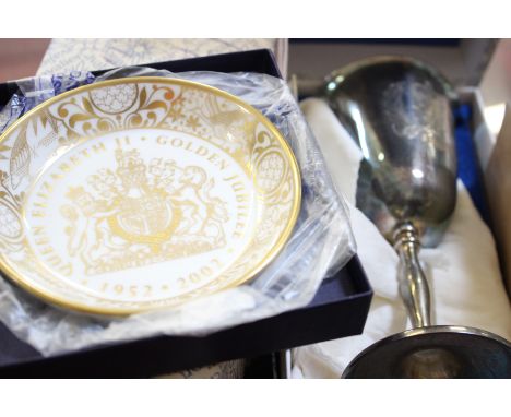 A Royal Worcester Queen Elizabeth II Golden Jubilee 'Classics' pin dish, no. 982, boxed, a Golden Jubilee rectangular tray, n