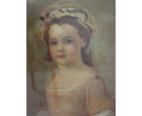 English School (early 19th Century)Portrait of a young girl in pink dress and white bonnet, half-lengthOil on canvas Unsigned