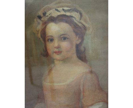 English School (early 19th Century)Portrait of a young girl in pink dress and white bonnet, half-lengthOil on canvas Unsigned