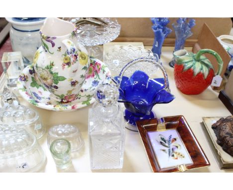 A mixed assortment of ceramics and glass, including a ewer and basin printed with flowers