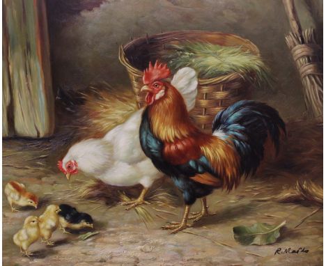 R... Mario (20th Century)Farmyard scene with cockerel and chickens Oil on board30cm x 34cm 