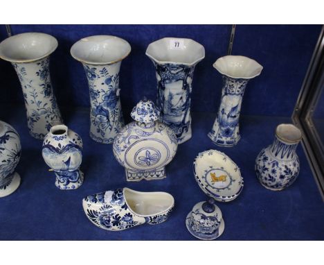A quantity of Delftware to include a pair of vases, a pair of figures, a pickle dish etc (af) 