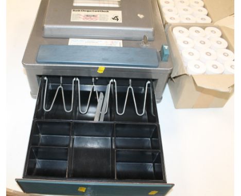 A VINTAGE 'GROSS' SINGLE DRAWER CASH TILL, in grey metal together with a quantity of paper rolls