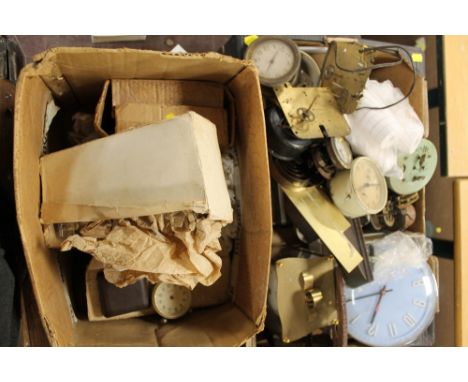 A LARGE QUANTITY OF CLOCK PARTS TO INCLUDE MOVEMENTS, ALARM CLOCK, ETC