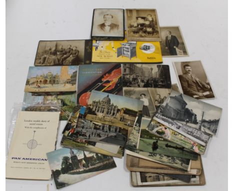 A SMALL COLLECTION OF ANTIQUE POSTCARDS, CABINET PHOTOGRAPHS AND EPHEMERA. To include a 1920s 'Radiation Gas Cooker' leaflet.