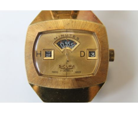 A VINTAGE 'SICURA' JUMP HOUR WRIST WATCH 17 JEWEL MOVEMENT