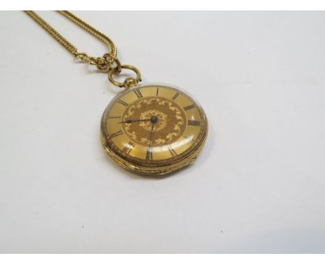 An 18k cased fob watch on chain with Roman numerals and engraved dial, watch 29g 