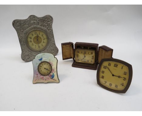 Vintage clocks including embossed fronted, 8-day, Swiss ceramic and French travelling alarm clock with travel case by Duverdr