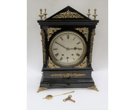 A large late 19th / early 20th Century French bracket clock, 21" x 15" x 7.5" (53cm x 38cm x 21cm), silvered dial (8") with R