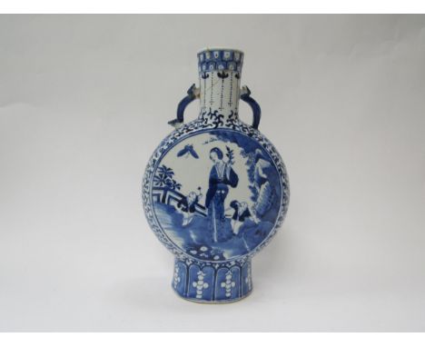 A late 18th/early 19th Century moon flask blue and white decoration with character marks to base, restored top, 30cm x 18cm 
