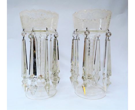 A pair of Victorian lustres with white enamel decoration, one drop missing, 34cm tall 