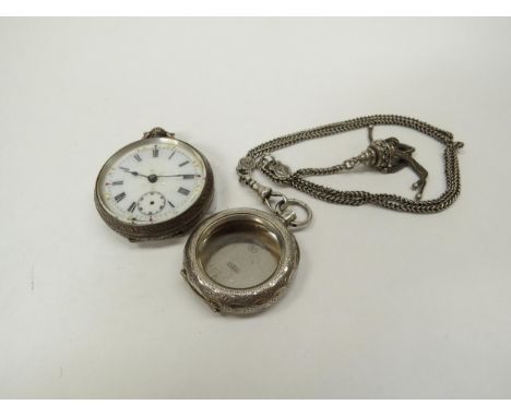 A Continental silver fob watch and silver fob watch case with watch chain 