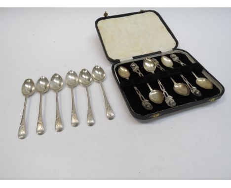 A set of six Joseph Rodgers &amp; Sons silver coffee spoons, all monogrammed AH, Sheffield 1900 (76g) and cased set of rose f