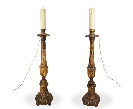 Pair of gilded wooden candlesticks, 19th century candlestick h cm 95    19th century