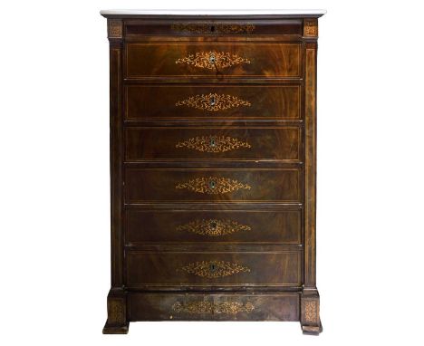 Weekly chest of drawers with white marble on the top, drawers with light wood inlays in garlands, Sicily 19th century 197X92X