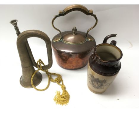 A copper kettle, brass bugle and earthenware jug commemorating Queen Victoria's reigh