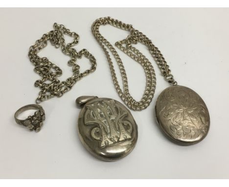 Two large Victorian silver lockets, a silver belcher necklace and modernist ring, approx 96g