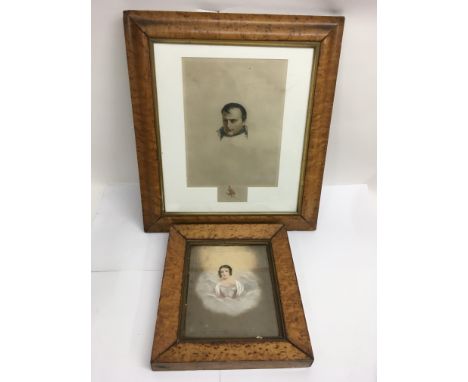 A maple framed portrait print of Napoleon and a pastel study of an 18th century young woman
