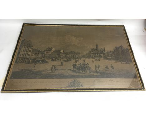 A large, 18th century print of a busy French street, 'Place dela Ville Neuve de Dres'.Approx 58x88cm
