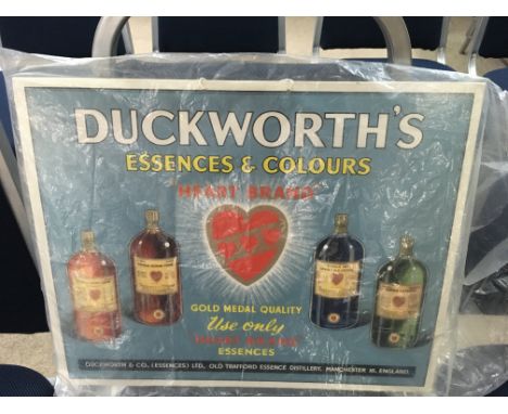 A vintage card multicoloured shop advertising sign for Ducksorths essences and colours. Measures approx 45cm by 34cm - NO RES