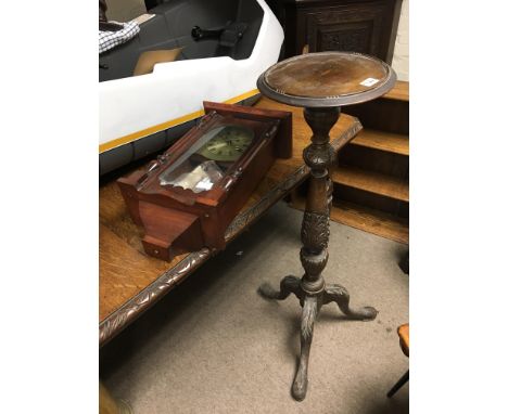 A Victorian mahogany tripod pedestal plant stand + mahogany cased wall clock
