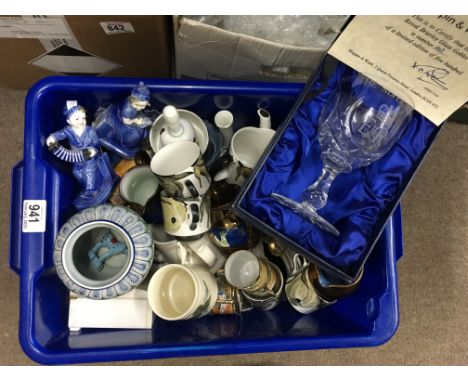 A box of mixed pottery and porcelain and a Mappin And Webb commemorative glass and alabaster table lamp