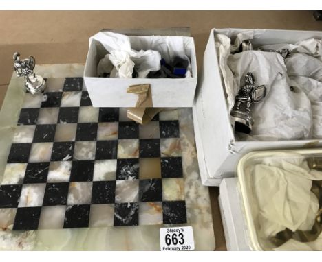 Onyx and marble chess board with 3 chess sets including Greek chess figure pieces