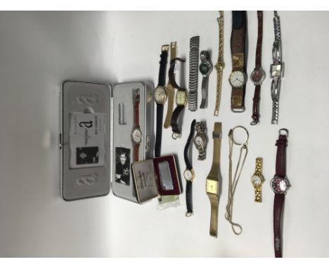 A box containing a collection of watches and lighters including a Casio, Lorie, Accurist, Sekonda and others.