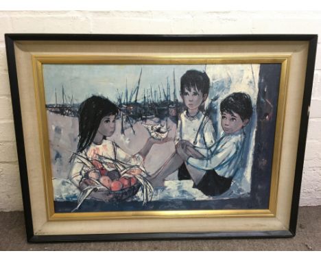 A large, retro Valdi print, labelled to reverse, 'Fisherman's Children', approx 65x85cm