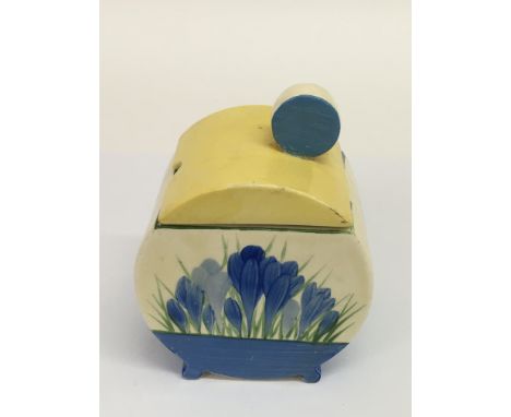 A Clarice Cliff 'Bonjour shape, Blue Crocus' pattern preserve pot.Approx 12cm, lid overpainted.