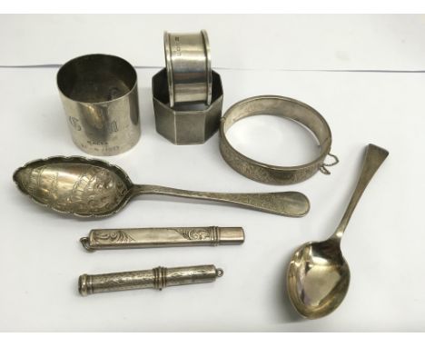 A group of silver items  including a bangle, spoons and pencil holders, approx 235g