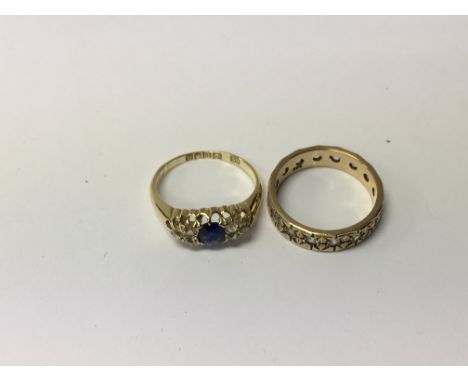 A 18 ct gold ring inset with sapphire and diamonds and 9ct gold ring