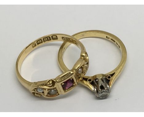 A 18ct gold solitaire ring set with a single diamond P. Ring size approx H, weight approx 1.8grams. Together with a gold ring