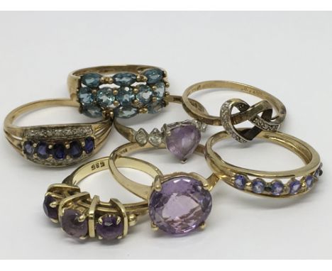 Seven rings including 9ct gold Ladies rings set with CZ and coloured stones and a 14ct yellow gold ring marked 585; claw set 