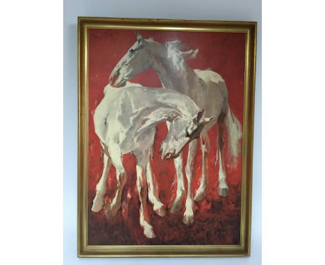 A vintage print of two white horses.Approx 62x85cm