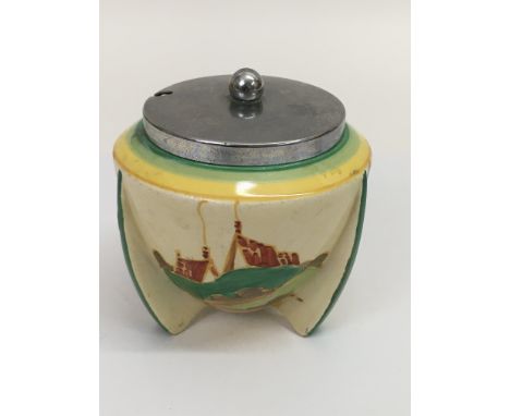 A Clarice Cliff Fantasque 'Secrets' pattern preserve pot of fin ship with metal lid.Approx 10cm high