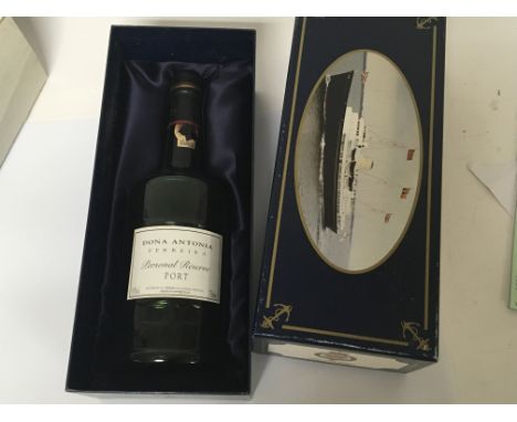 A bottle of port Dona Antonia in a presentation box to commemorate the decommissioning of the HMY Britannia.