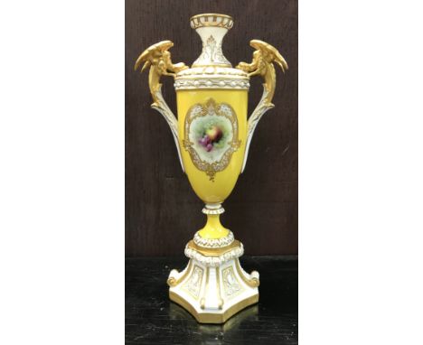 A Royal Worcester yellow ground and gilt vase with a hand painted fruit scene signed Chivers for Fredereich W Chivers, c.1903