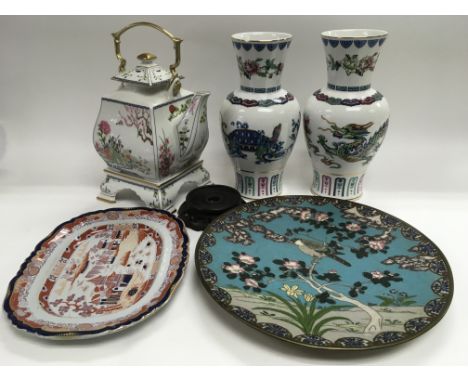 A cloisonne charger depicting a bird amongst foliage, approx diameter 30.5cm together with a pair of vases, teapot and dish.