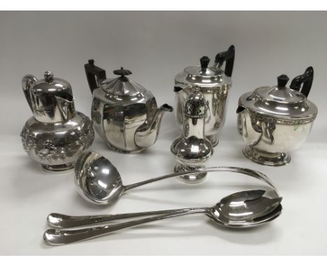 A collection of silver plated items including teapots, coffee pots, sugar shaker, ladle etc.