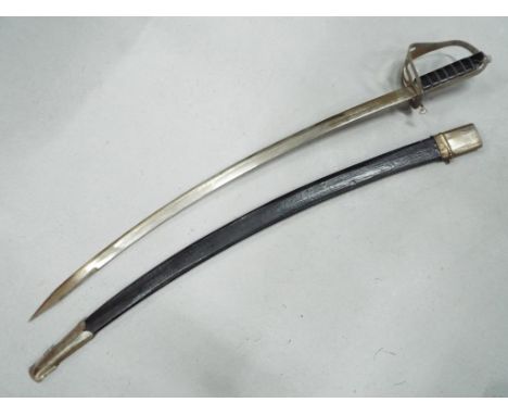 A 20th century, cavalry style, sword with white metal mounted scabbard, etched foliate decoration to each side of the blade, 